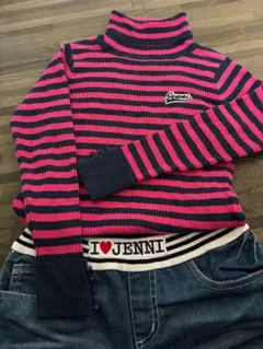 JENNI ☆ 140cmセット ボーダータートルニット デニムショートパンツ