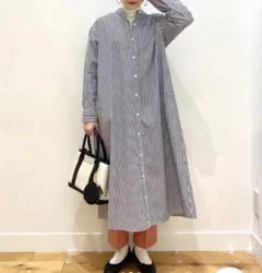 バンドカラーシャツワンピース　ストライプ