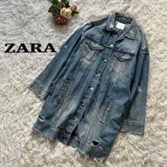 【ZARA】ザラ　ダメージ加工 デニム　ジャケット　ウォッシュブルー 長め丈