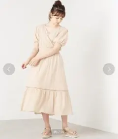 【美品】カシュクールバックリボンワンピース　パフスリーブ　ロングワンピース