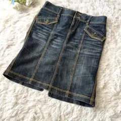 バーバリーブルーレーベル ロゴ入ダークデニム スカート スリット入りノバチェック