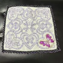 【中古】アナスイ 蝶の刺繍 タオルハンカチ 白紫 24✕24cm