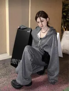 グレー フード付きセットアップ Lサイズ SHEIN