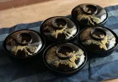 A863 木製輪島塗　懐石道具　黒塗　菊に蝶蒔絵　吸い物椀　5客 輪島塗椿蒔絵吸物椀五客美品共箱茶道具懐石道具送料込