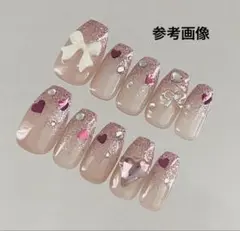 【現品】ネイルチップ ピンク ハートホロ リボン ガーリー ラメグラデーション