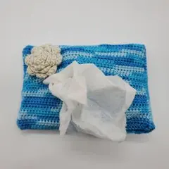 ハンドメイド レース編み ポケットティッシュケース ブルー ホワイト 花柄 90