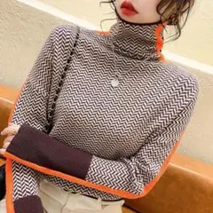 ☆ボトルネック☆ニット☆ヘリンボーン☆タートルネック☆ブラウン×オレンジ