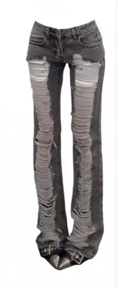 y2k ダメージ加工グレーデニム フレアジーンズ