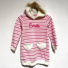 キッズ　子供服　耳付き　モコモコ　フード　防寒　ボーダー　ピンク　パーカー