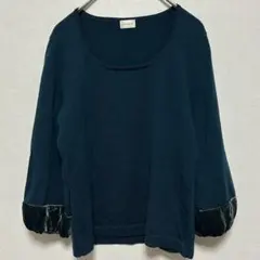 メルローズ ニット Uネック パフスリーブ無地 M 緑 毛 絹オフィスフォーマル