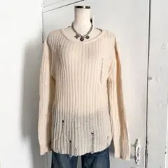 ZARA ザラ ダメージ加工 長袖 ニット ベージュ y2k フェアリーグランジ