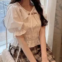 GRL フロントオープンリボンフリルシャーリングトップス　ホワイト