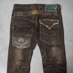 W32★ダブルウエスト デニム フレア ジーンズ★刺繍★Y2K Archive