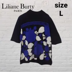 Liliane Burty 花柄半袖ニット LL 五分袖 黒青のサムネイル