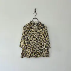 古着 日本製 花柄ブラウス 7分袖 フリル 総柄 レトロ ドット 水玉 ネイビー