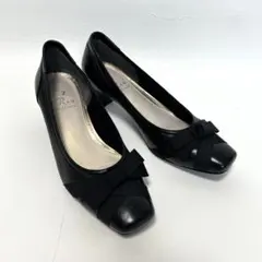 リズラフィーネ 本革パンプス 23cm 3E ブラック リボン スクエアトゥ