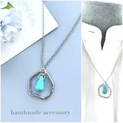NO.602 ドロップターコイズ×シルバー変形フープのネックレス/雫