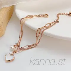 ステンレス　ブレスレット　チェーン　ハート　ピンクゴールド　パール　レディース