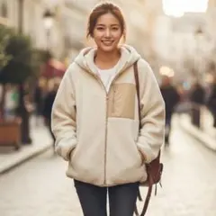 ✨アウトレット品 フリース ボア ジャケット フード付き クリーム色