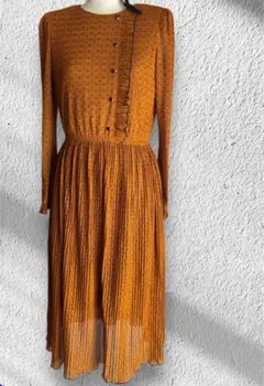 ★レトロ柄ヴィンテージフリルワンピース☆　オレンジ　昭和レトロ　古着好きな方