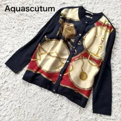 美品 アクアスキュータム シルク切替 アンサンブル スカーフ柄 ネイビー 13号のサムネイル