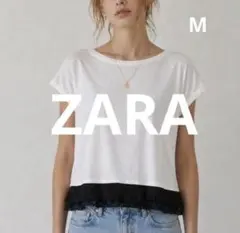 ZARA クロップドTシャツ【M】黒レース　カットソー　ショート丈　フレンチ