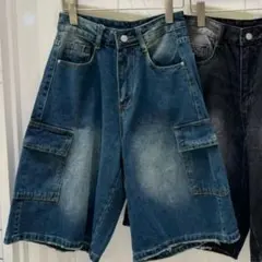 spray y2k 韓国ストリート デニム カーゴハーフパンツ