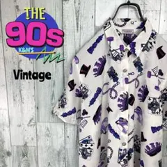 80's レトロ古着　トランプ柄　メタルボタンポリエステルシャツ　個性派　派手のサムネイル