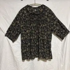 美品✨マーブルシュッド 半袖刺繍ブラウス 襟付 花柄 コットン100