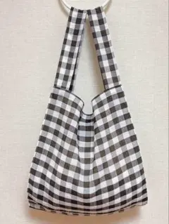 【ハンドメイド】レジ袋型 エコバッグ〈リネンライク・ギンガムチェック/ブラウン〉