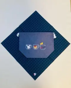 新品 ファミリア デニム巾着、ランチクロスセット 青チェック