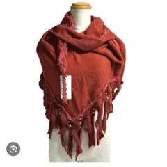 ラビットリアルファー付　三角ストール　エンジ　エスニック調　民族調