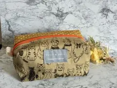 ツートン　キャラメルポーチ　色んな表情猫ポーチ　マスタード　ドット　一点もの