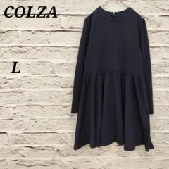 コルザ【L】 長袖チュニックワンピース パールボタン 切り替えフレアー ネイビー