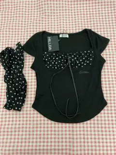 HILLDA 黒 水玉リボン付きTシャツとスカーフセット