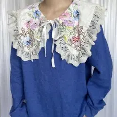 ヴィンテージ ビッグカラー スウェット レース 刺繍 花柄 古着 A354 