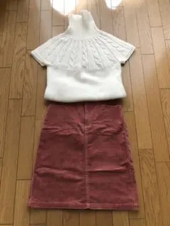 コーデュロイ膝丈スカート　くすみピンク