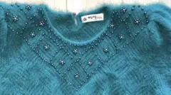 アンゴラ ビーズ刺繍 エメラルドグリーン 半袖セーター