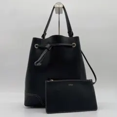 美品 フルラ レザー ハンドバッグ 巾着 ロゴ金具 ポーチ付き ブラック