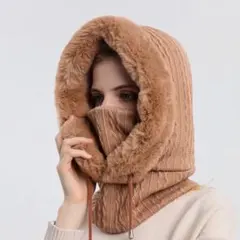 バラクラバ　ブラウン　男女兼用　ファー付きニット帽　極暖ネックウォーマー