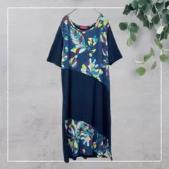 【コルソロッソ】イタリア製花柄ロングワンピース　総柄　ネイビー　半袖　ミモレ丈