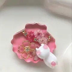 【再販△】レジン　ヘアゴム 猫＆猫　パールピンク系◡̈♥︎ ※ヘアゴムのみ 再販△】レジン ヘアゴム シェル型 猫ちゃん 花 ローズピンク◡̈
