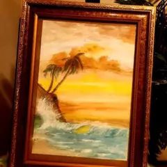 作者不詳 油彩画 ハイビスカスと波の絵画 荒波 額装 真作 美術品