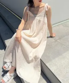 アイボリー 肩リボン キャミワンピース ロングドレス