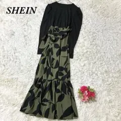 シーイン ドッキングワンピース L 黒/緑 長袖 リボン Aライン ロング丈