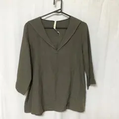 Apple House 麻 リネン セーラーカラー 七分袖ブラウス カーキ