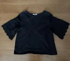 レース付きフレア五分袖 黒トップス　カットソー　ブラウス