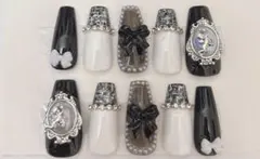 ネイルチップ 白黒 ツイード フレンチガーリー スナ系 バレリーナ ハンドメイド