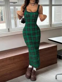 SHEIN 緑色チェック柄キャミワンピース