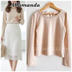 アラマンダ パール ビジュー付き ブラウス 長袖 ピンク 後ろリボン トップス